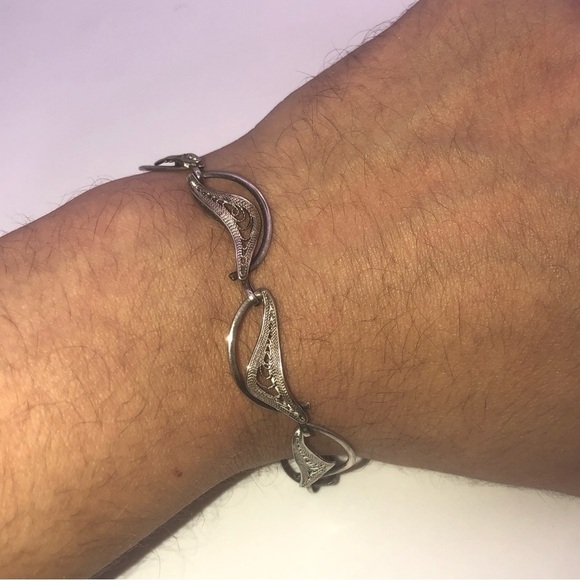 VTG Sterling Silver Filigree Leaf Link Bracelet Hook Clasp 7.5” - Picture 3 of 6
